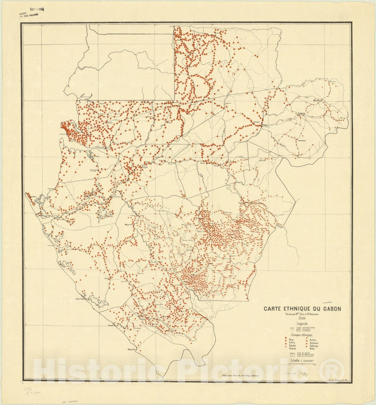 Map : Gabon 1945, Carte ethnique du Gabon , Antique Vintage Reproduction
