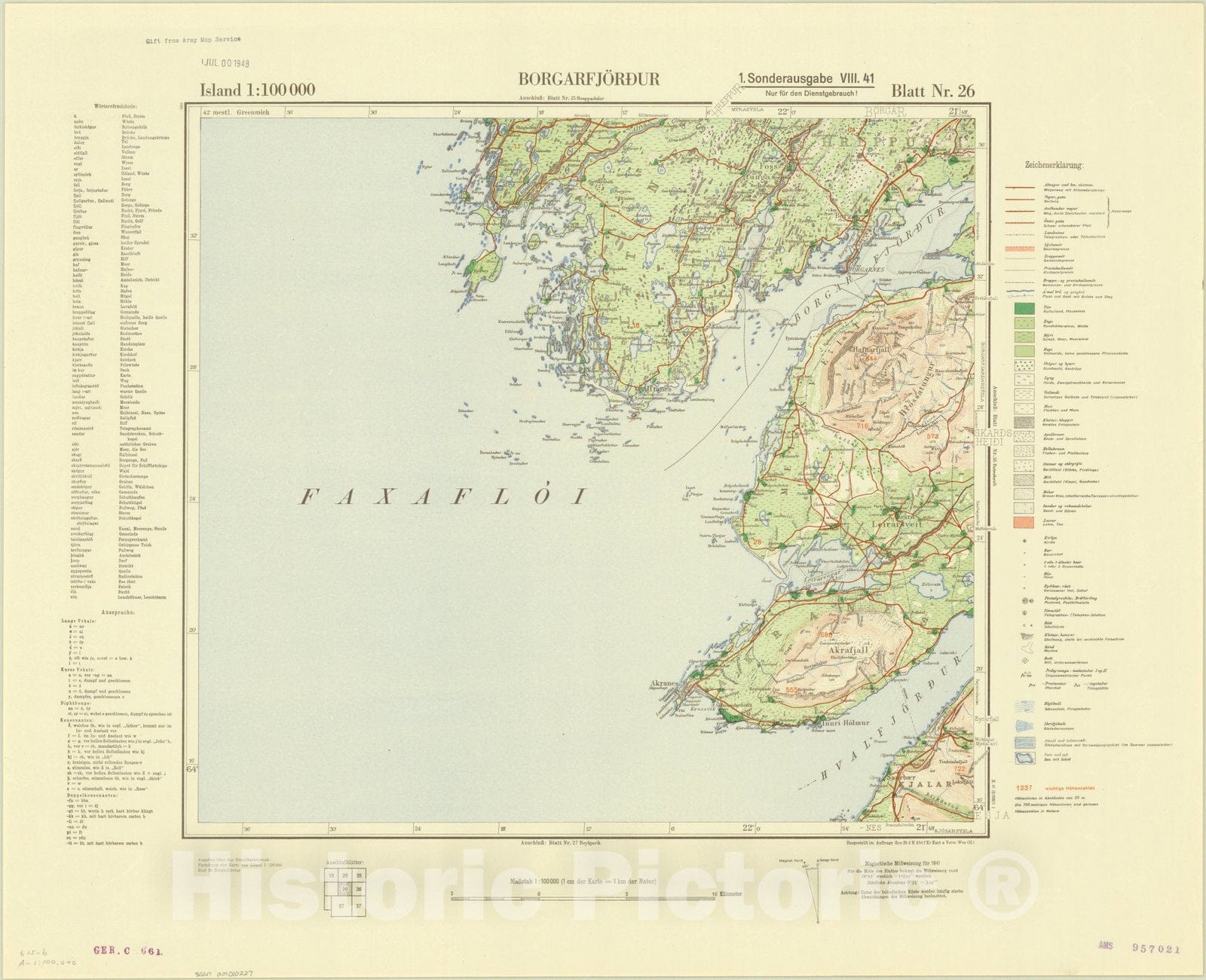 Map : Borgarfjordur, Iceland , Island 1:100 000 Borgarfjordur Blatt nr. 26, Antique Vintage Reproduction