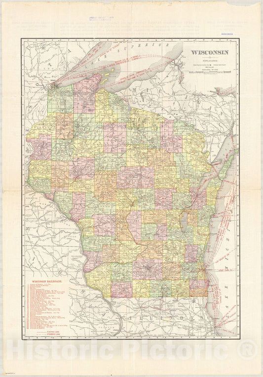 Map : Wisconsin 1911, Wisconsin , Antique Vintage Reproduction