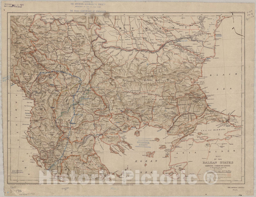 Map : Balkan States 1916, Map of the Balkan States showing communications : to illustrate the paper by H.C. Woods , Antique Vintage Reproduction