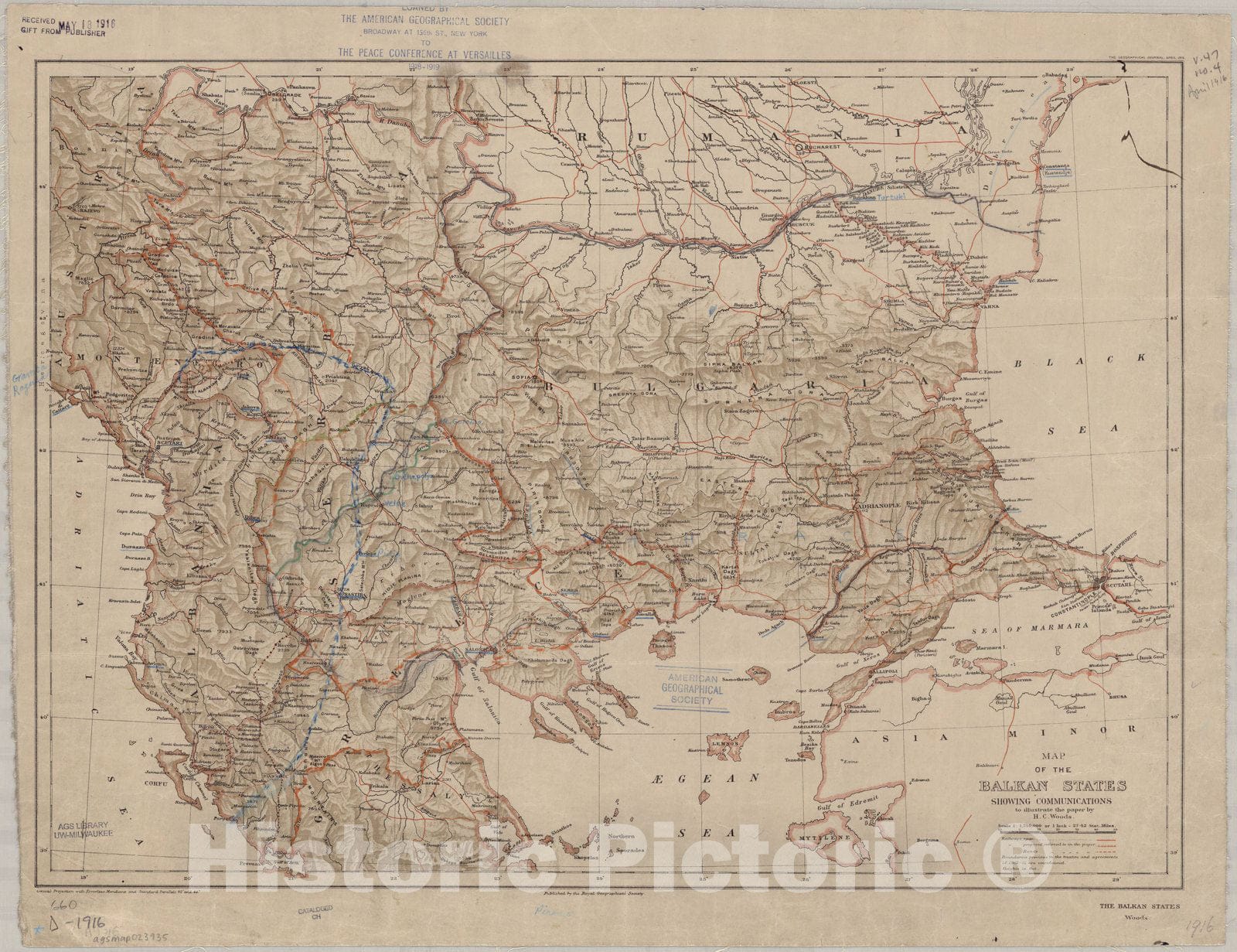 Map : Balkan States 1916, Map of the Balkan States showing communications : to illustrate the paper by H.C. Woods , Antique Vintage Reproduction