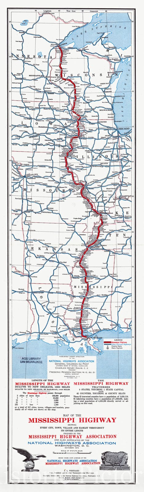Historic Map : Mississippi Highway 1915, Map of the Mississippi Highway : showing every city, town, village and hamlet throughout its entire length , Antique Vintage Reproduction