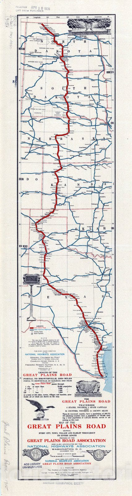 Map : Great Plains Road 1915, Map of the Great Plains Road : showing every city, town, village and hamlet throughout its entire length , Antique Vintage Reproduction