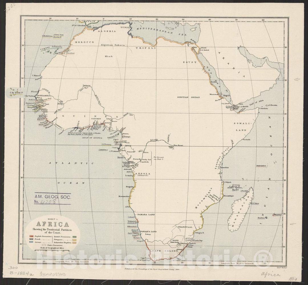 Map : Africa 1884, Africa showing the territorial partition of the coast. Sheet 1 , Antique Vintage Reproduction