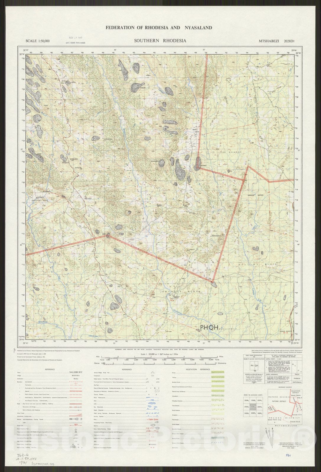 Map : Mtshabezi, Zimbabwe 1961, Federation of Rhodesia and Nyasaland, Southern Rhodesia , Antique Vintage Reproduction