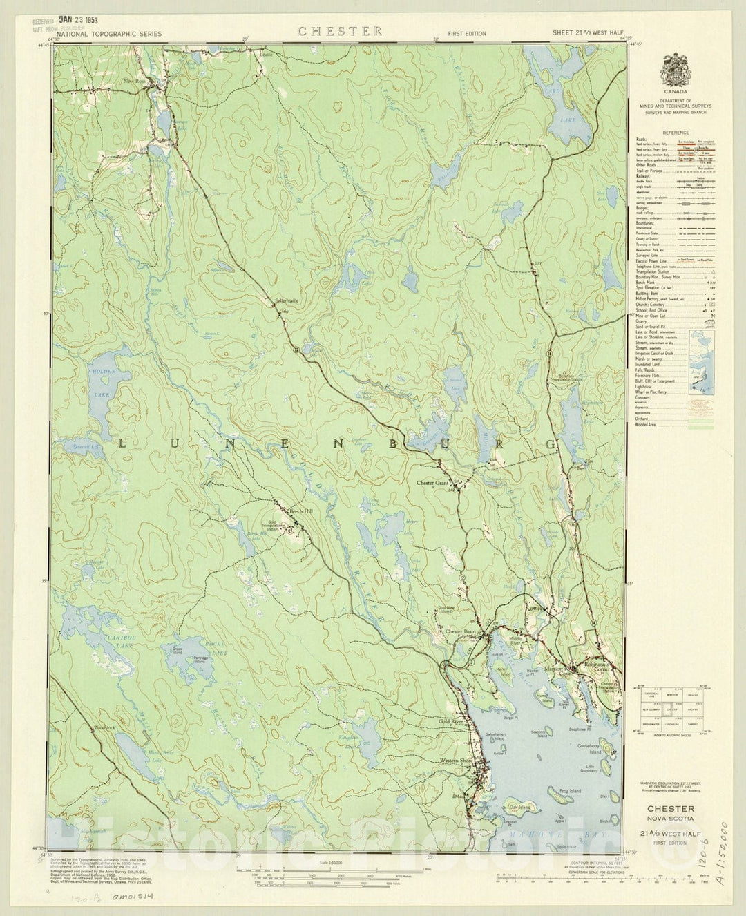 Map : Chester, Nova Scotia 1952 1, National topographic series, Chester, sheet 21 A, Antique Vintage Reproduction