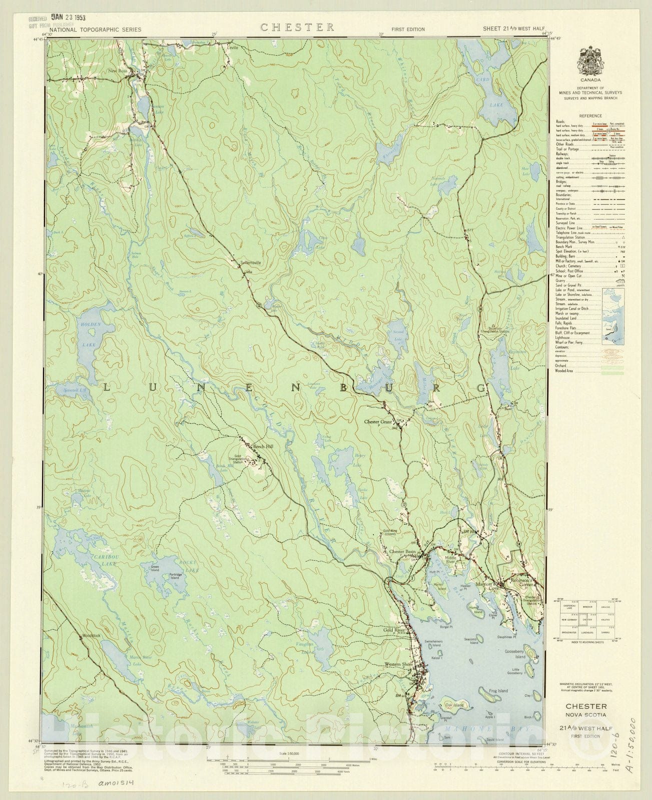 Map : Chester, Nova Scotia 1952 1, National topographic series, Chester, sheet 21 A, Antique Vintage Reproduction