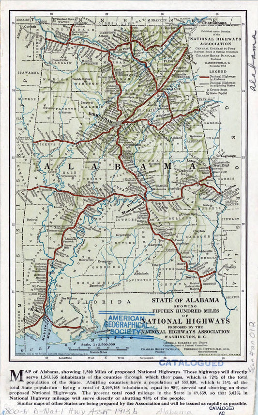 Map : Alabama Highways 1913, State of Alabama showing fifteen hundred miles of national highways, Antique Vintage Reproduction