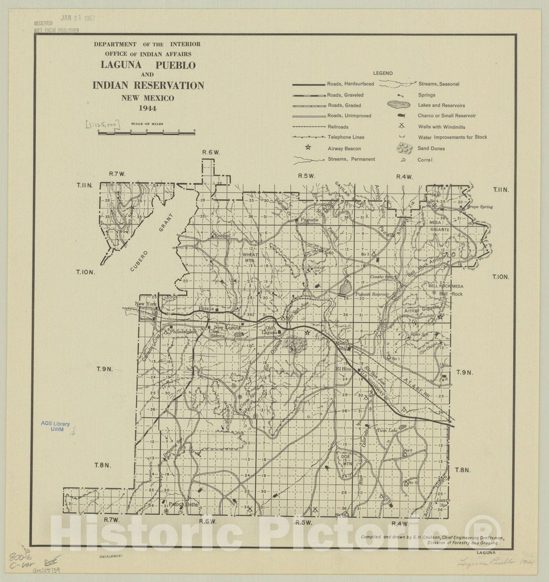Map : New Mexico 1944, Laguna Pueblo and Indian Reservation, New Mexico 1944, Antique Vintage Reproduction