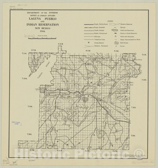 Map : New Mexico 1944, Laguna Pueblo and Indian Reservation, New Mexico 1944, Antique Vintage Reproduction