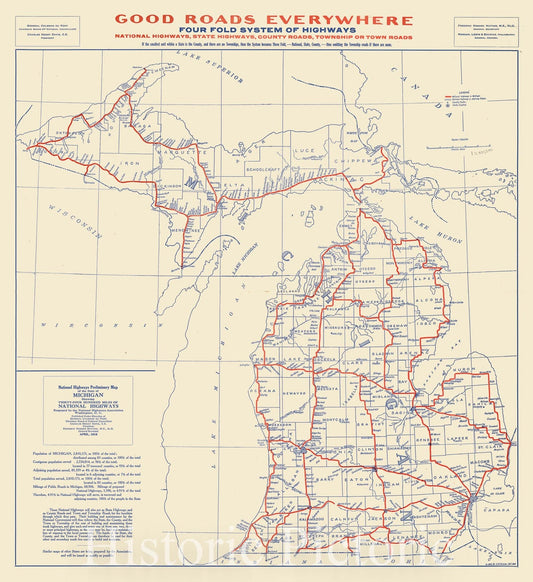 Map : Michigan Highways 1916, Antique Vintage Reproduction