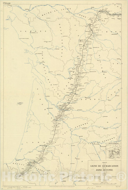 Map : France 1942 1, Trace de ligne de demarcation de la zone occupee : (Decembre 1941) , Antique Vintage Reproduction