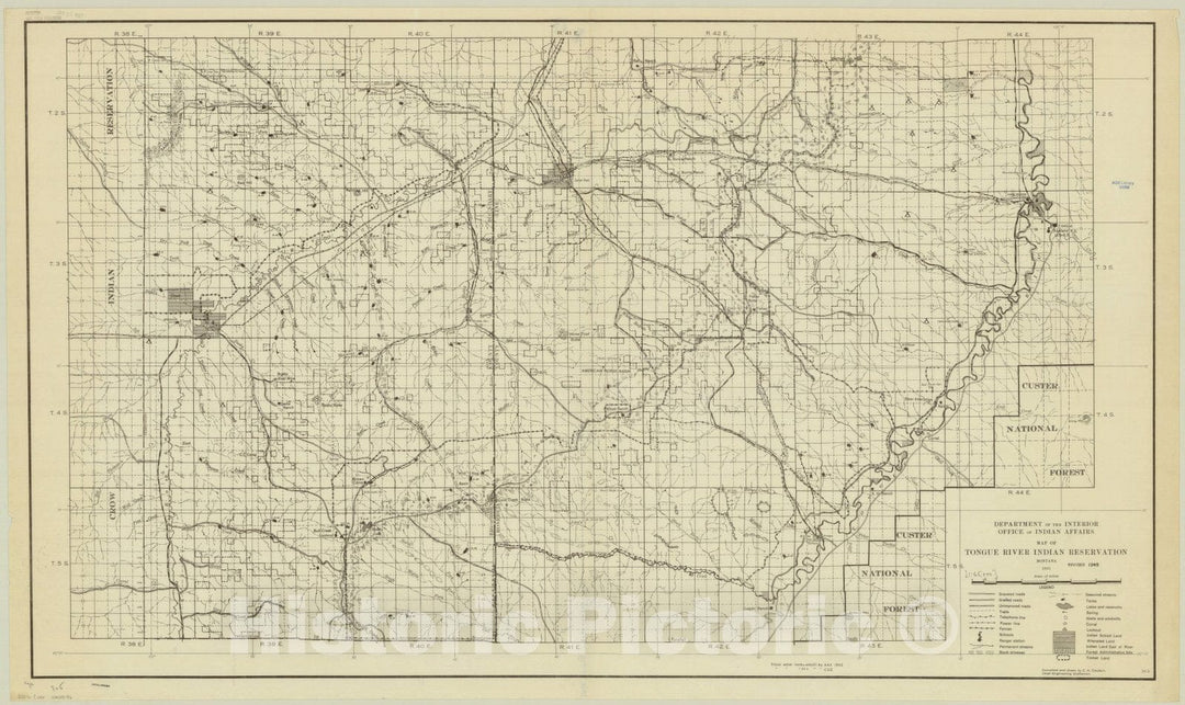 Map : Tongue River Indian Reservation, Montana 1945, Map of Tongue River Indian Reservation, Montana 1931, revised 1945, Antique Vintage Reproduction