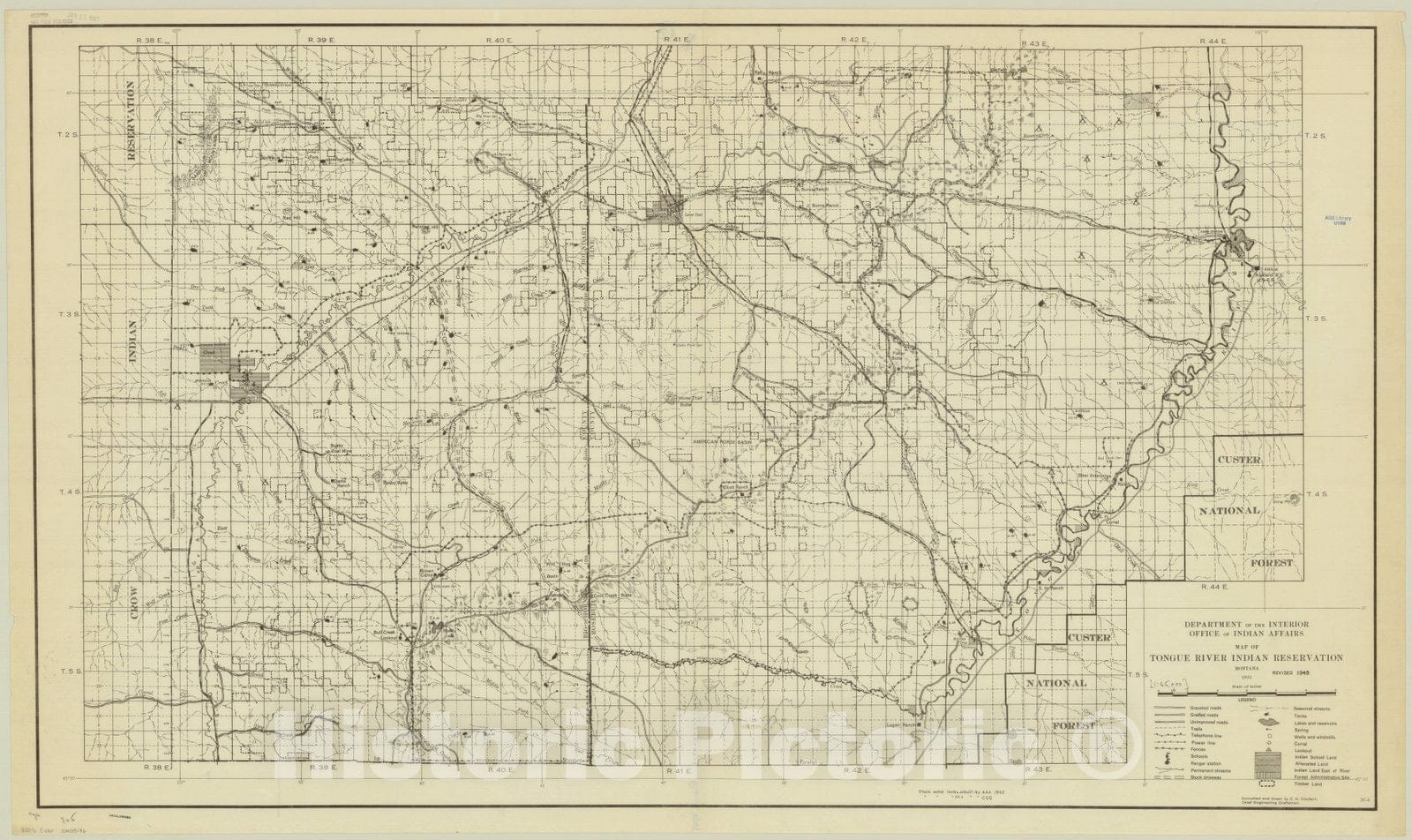 Map : Tongue River Indian Reservation, Montana 1945, Map of Tongue River Indian Reservation, Montana 1931, revised 1945, Antique Vintage Reproduction
