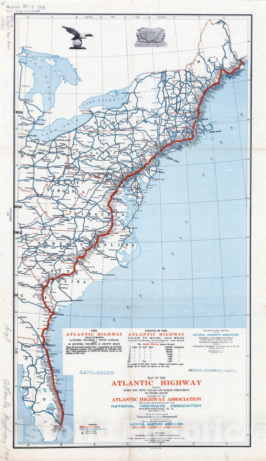 Map : Atlantic Highway 1915, Map of the Atlantic highway : showing every city, town, village and hamlet throughout its entire length , Antique Vintage Reproduction