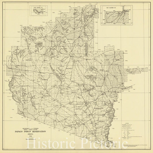 Map : Tohono O'odham Reservation, Arizona 1944, Papago Indian Reservation, Arizona , Antique Vintage Reproduction