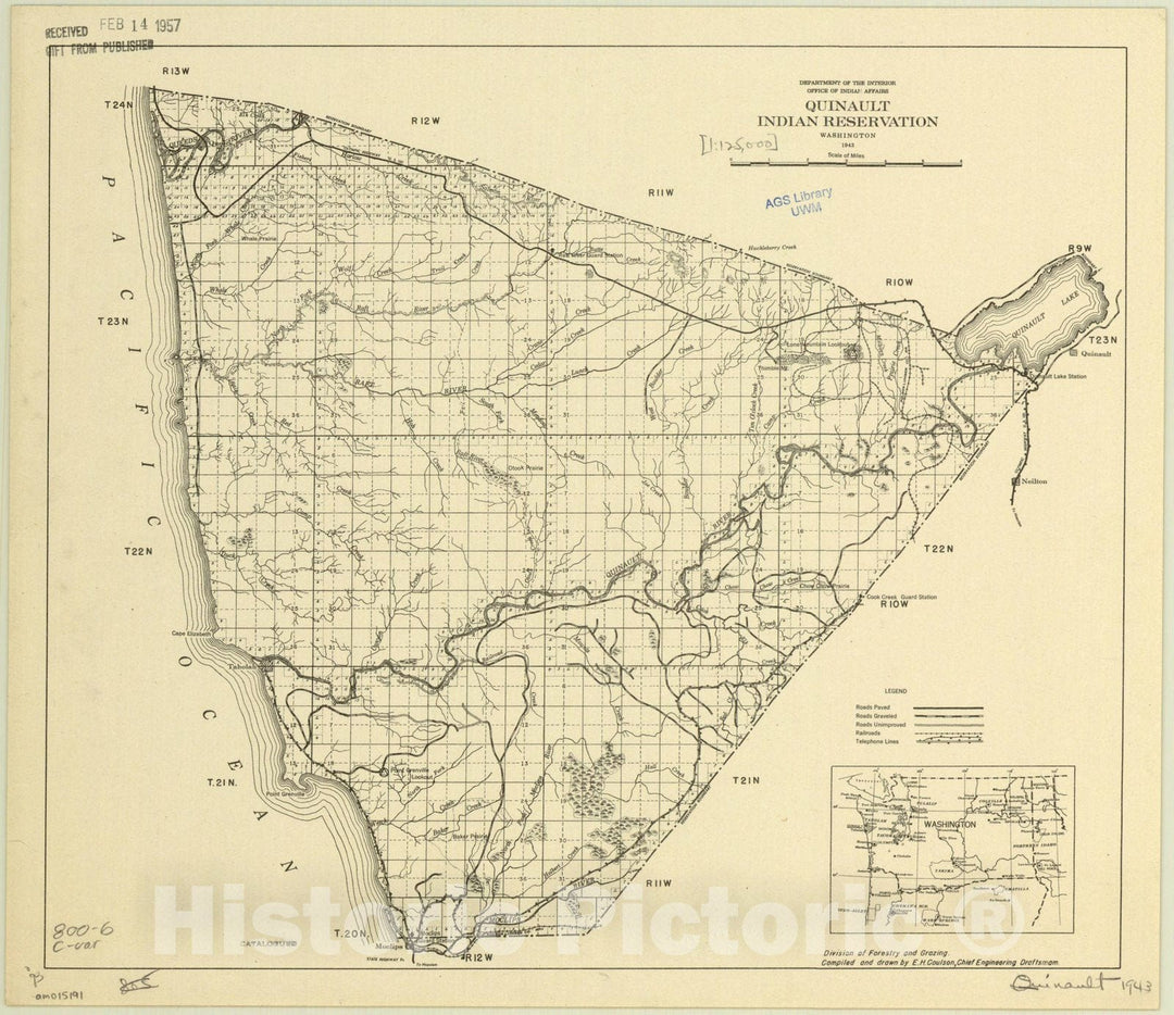 Map : Washington 1943, Quinault Indian Reservation, Washington 1943, Antique Vintage Reproduction