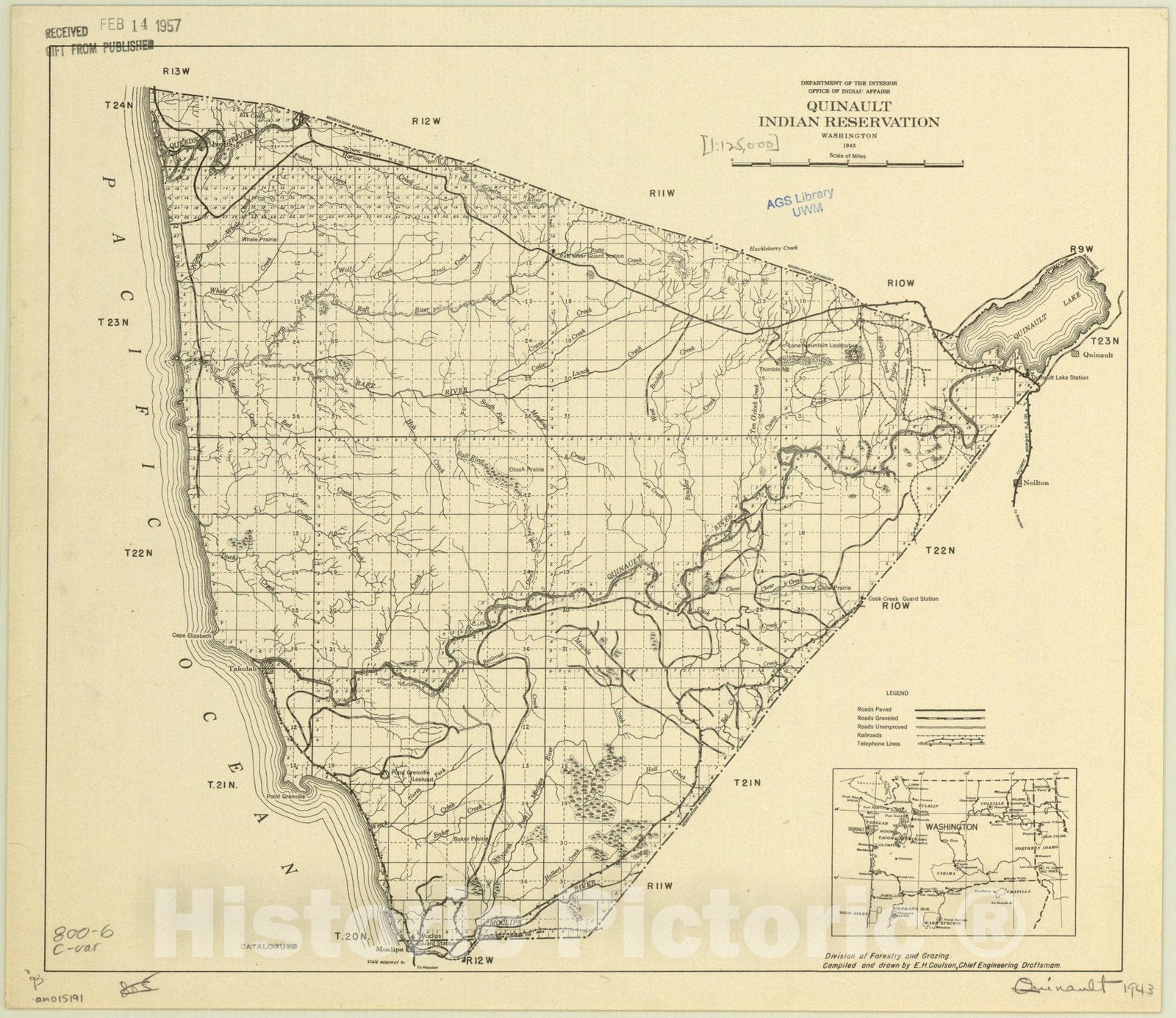 Map : Washington 1943, Quinault Indian Reservation, Washington 1943, Antique Vintage Reproduction
