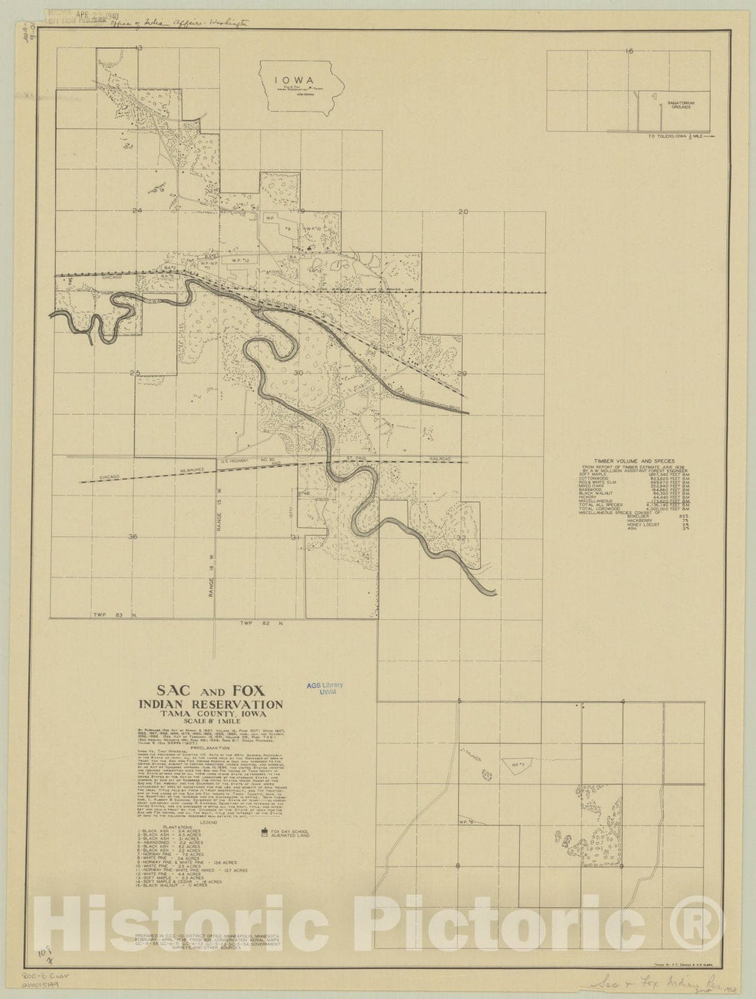 Map : Tama County, Iowa 1938, Sac and Fox Indian Reservation, Tama County, Iowa , Antique Vintage Reproduction