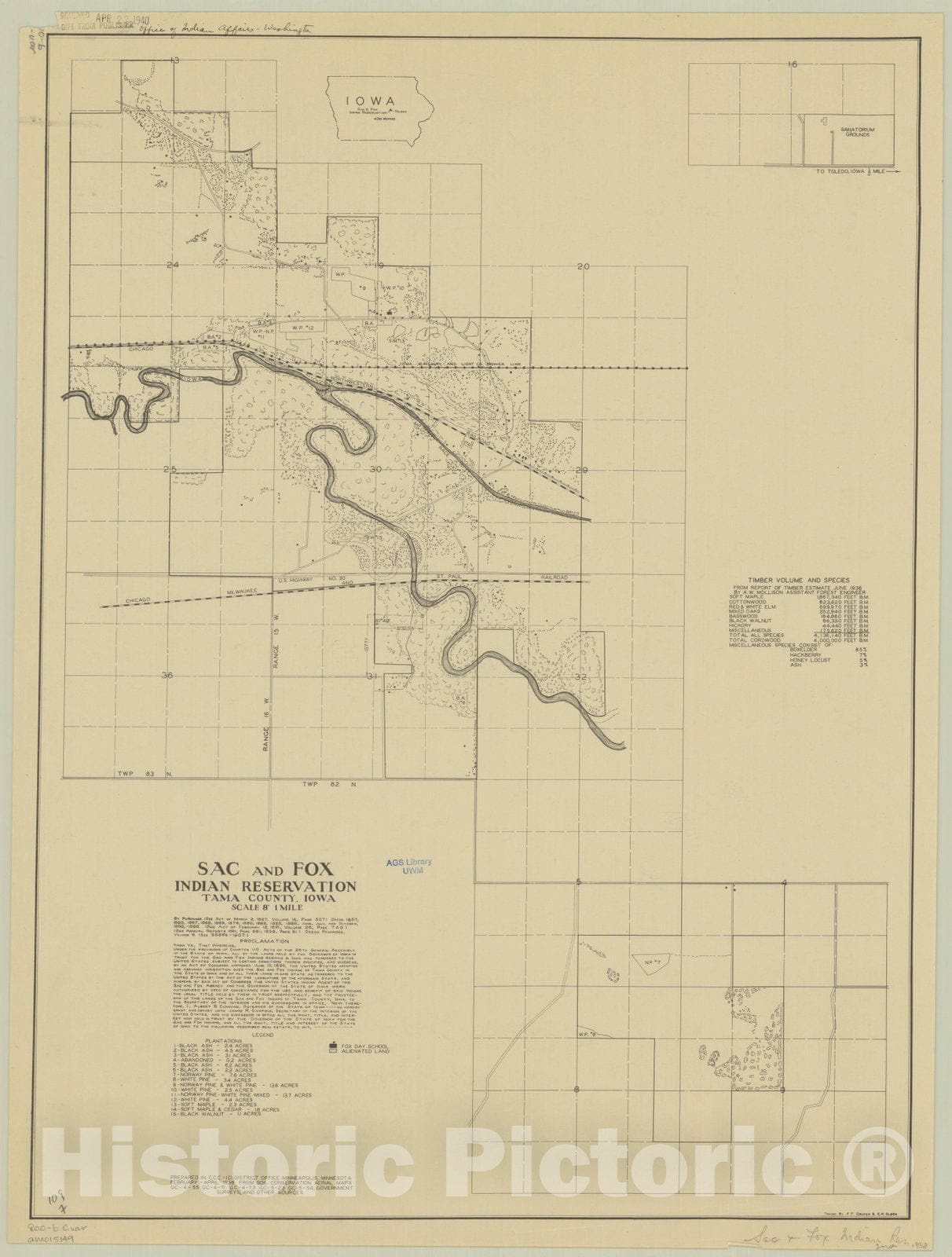 Map : Tama County, Iowa 1938, Sac and Fox Indian Reservation, Tama County, Iowa , Antique Vintage Reproduction