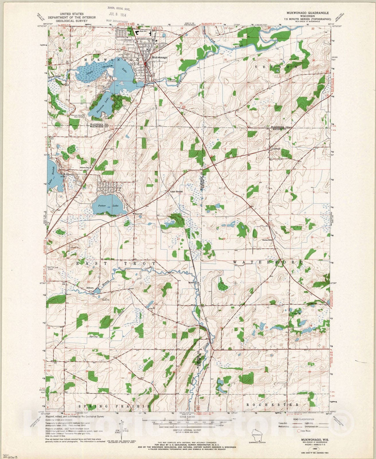 Map : Mukwonago, Wisconsin 1960, Mukwonago quadrangle, Wisconsin 7.5 minut series (topographic), Antique Vintage Reproduction