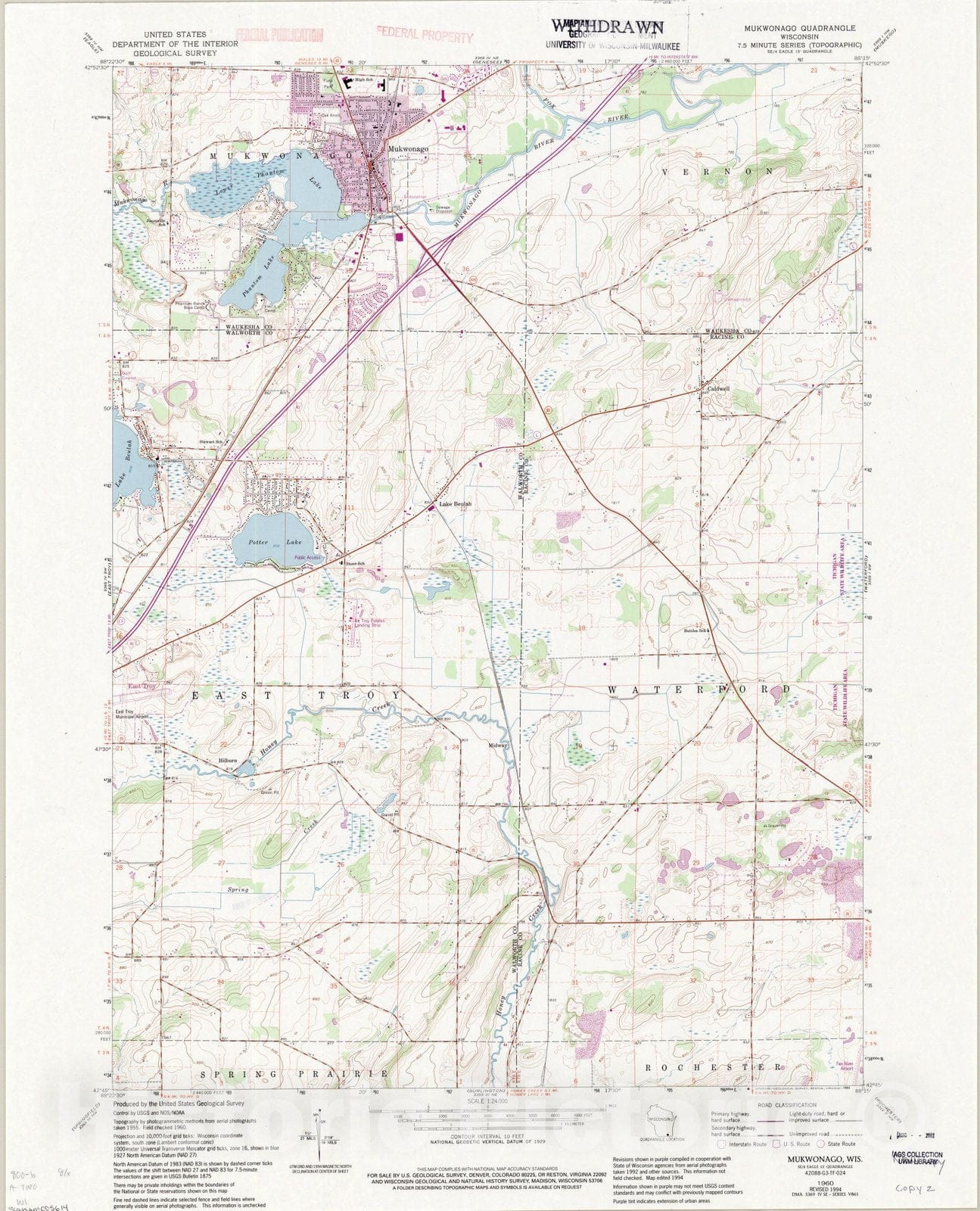 Map : Mukwonago, Wisconsin 1994, Mukwonago quadrangle, Wisconsin 7.5 minut series (topographic), Antique Vintage Reproduction