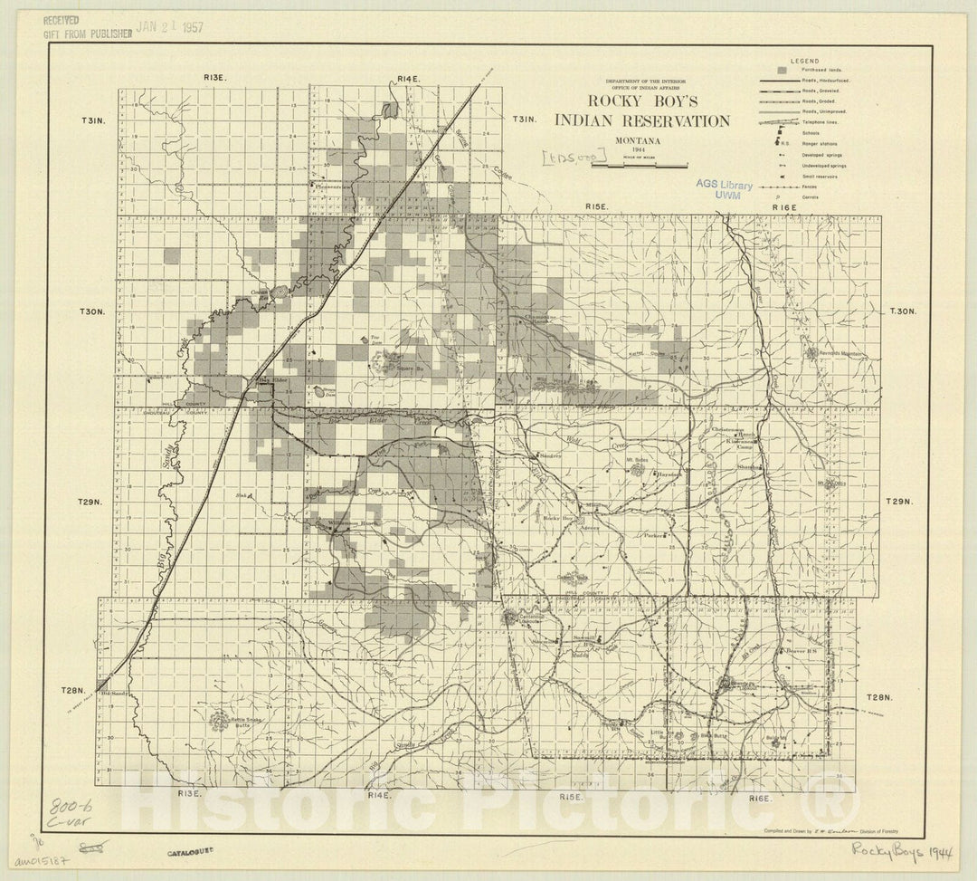 Map : Rocky Boy's Indian Reservation, Montana 1944, Rocky Boy's Indian Reservation, Montana 1944 , Antique Vintage Reproduction