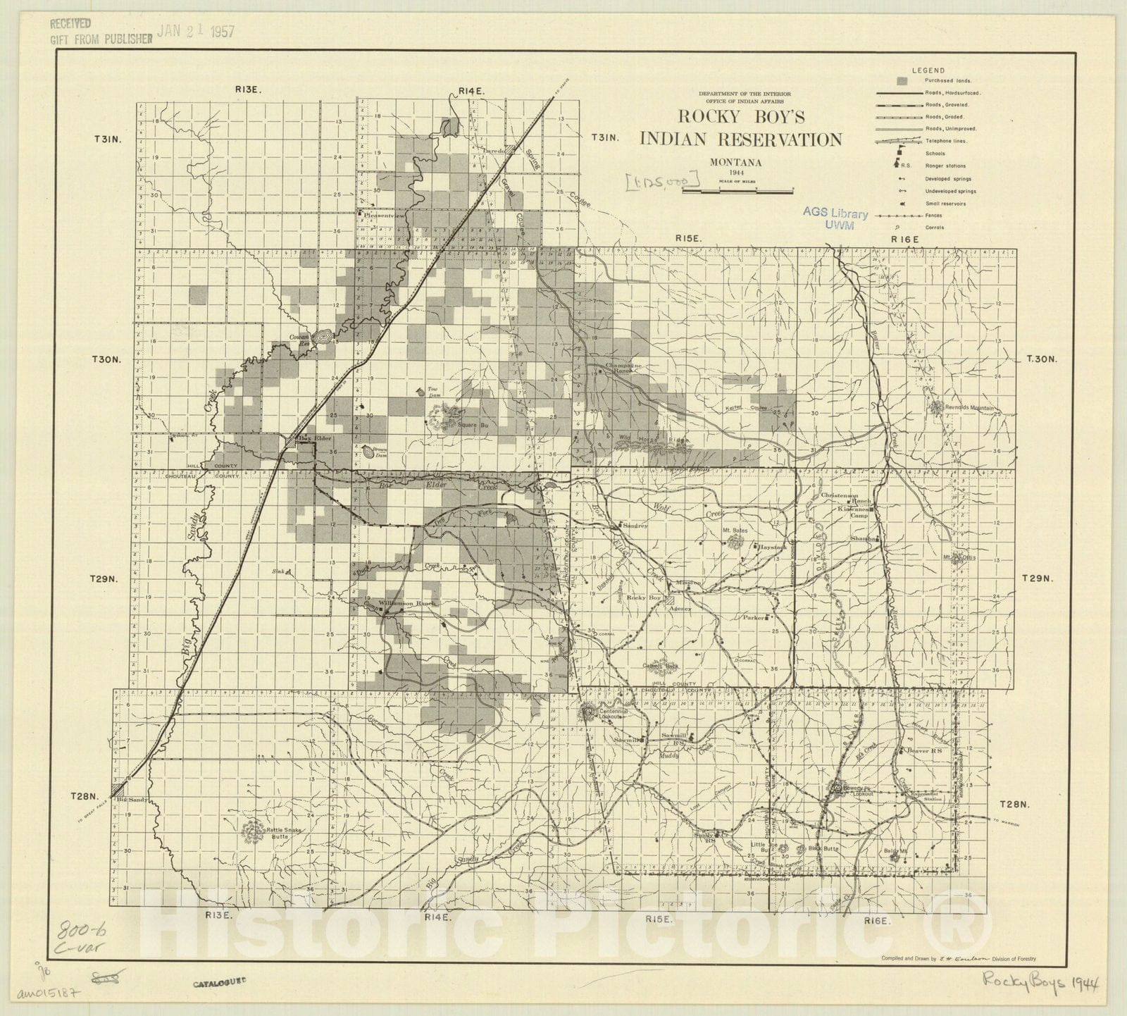 Map : Rocky Boy's Indian Reservation, Montana 1944, Rocky Boy's Indian Reservation, Montana 1944 , Antique Vintage Reproduction