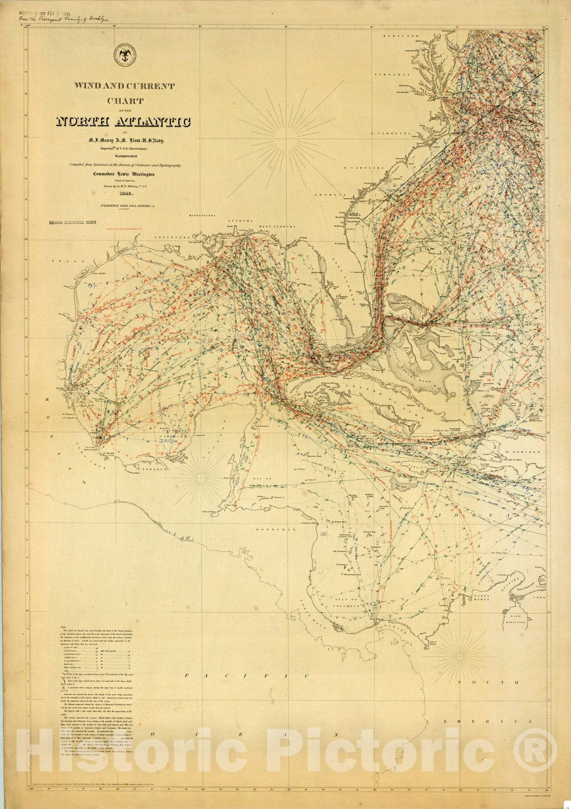 Map : Maury's wind and current charts 1850, Wind and current chart of the North Atlantic , Antique Vintage Reproduction