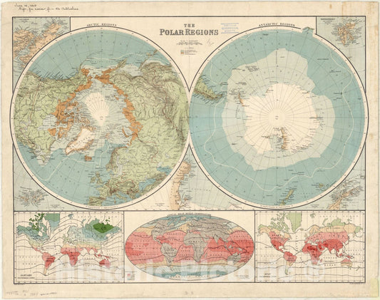 Map : Polar Regions 1908, The Polar regions , Antique Vintage Reproduction
