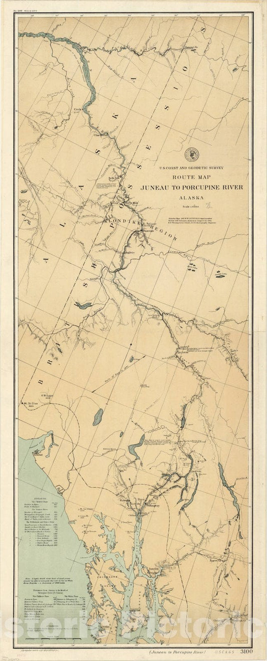 Map : Juneau to Porcupine River, Alaska 1898, Route map, Juneau to Porcupine River, Alaska , Antique Vintage Reproduction