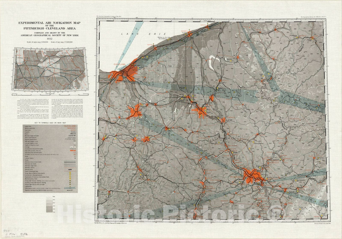 Map : Pittsburgh-Cleveland, Pennsylvania and Ohio 1932, Experimental air navigation map of the Pittsburgh-Cleveland area , Antique Vintage Reproduction