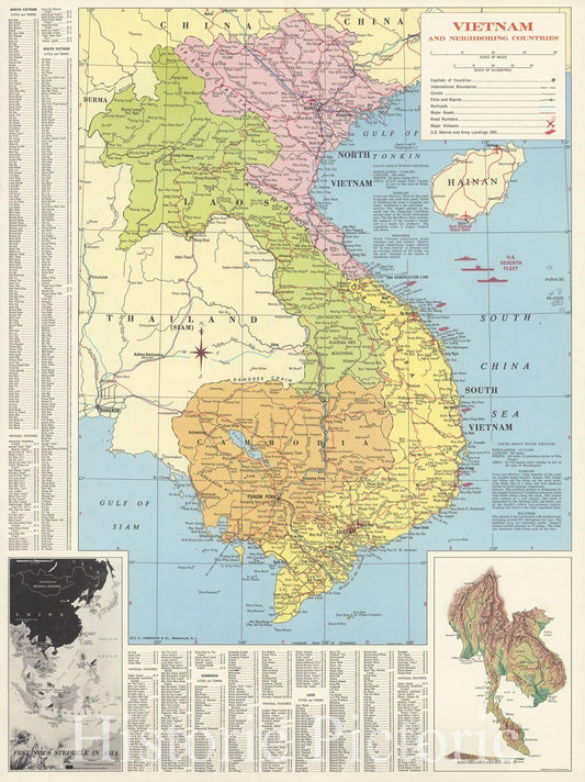 Map : Vietnam 1965, Vietnam and neighboring countries, Antique Vintage Reproduction