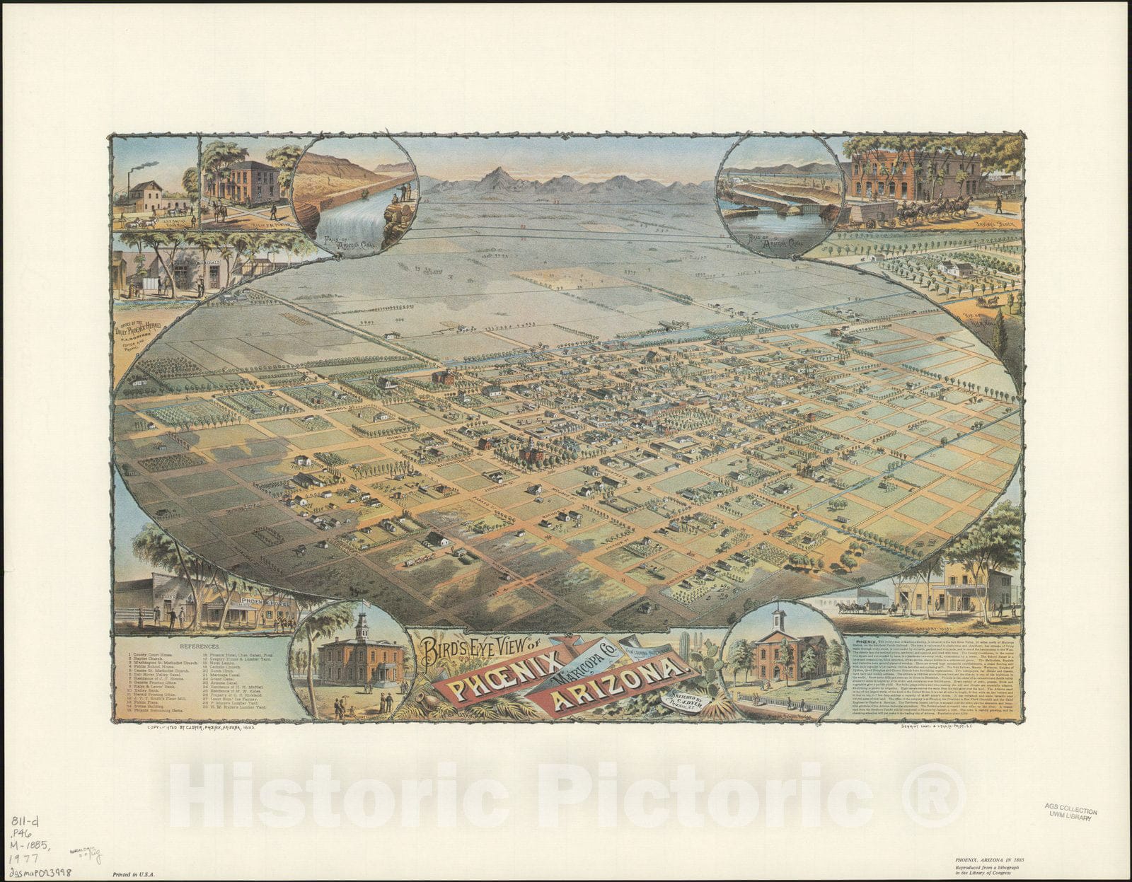 Map : Phoenix, Arizona 1885 1977, Bird's eye view of Phoenix, Maricopa Co., Arizona , Antique Vintage Reproduction