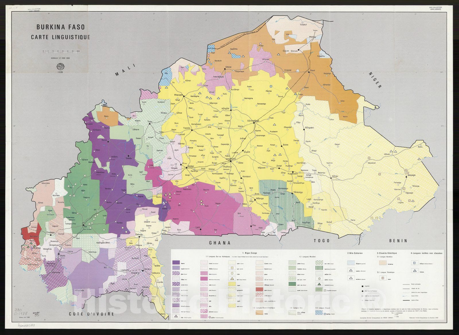 Map : Burkina Faso 1988, Burkina Faso, carte linguistique , Antique Vintage Reproduction