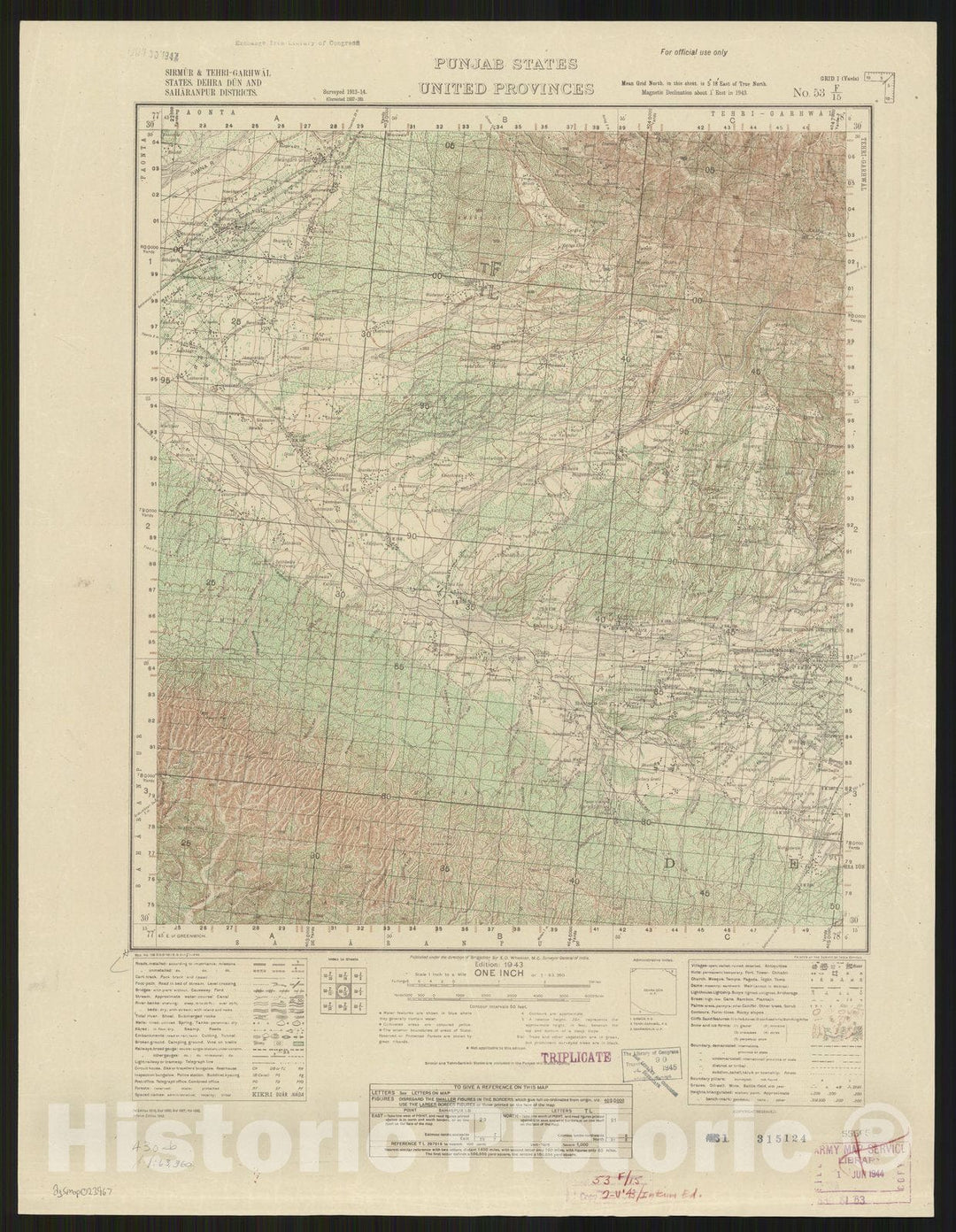 Map : Punjab, India 1943, Sirmur & Tehri-Garhwal States, Dehra Dun and Saharanpur Districts, Punjab States, United Provinces, no. 53 F, Antique Vintage Reproduction