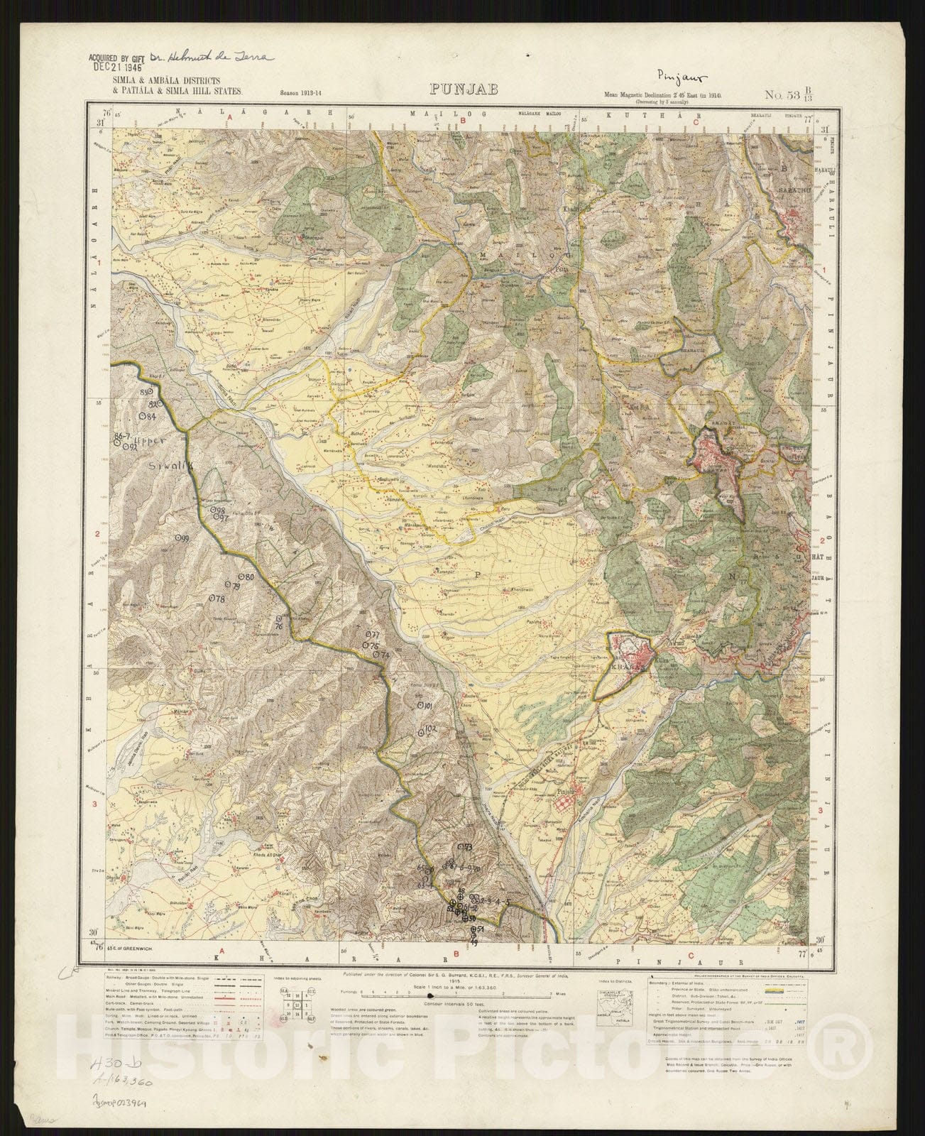 Map : Punjab 1915, Simla & Ambala Districts & Patiala & Simla Hill States, Punjab, no. 53 B-13, Antique Vintage Reproduction