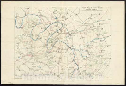 Map : Paris, France 1919, Sketch map of motor roads around Paris, Antique Vintage Reproduction
