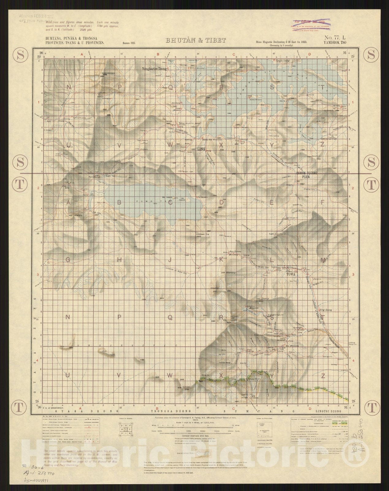 Map : Bhutan and Tibet 1924, Bumtang, PUnaka & Trongsa Provinces Tsang & U Provinces, Bhutan & Tibet, no. 77 L, Yamdrok Tso, Antique Vintage Reproduction