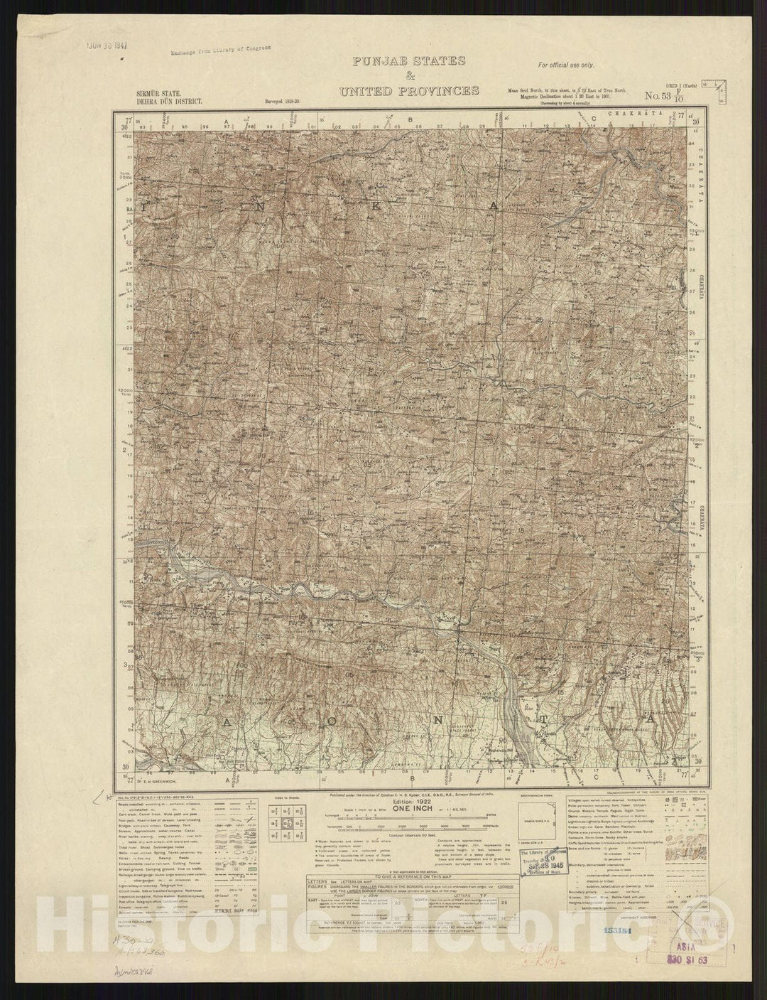 Map : Punjab 1922, Sirmur State, Dehra Dun District, Punjab States & United Provinces, no. 53 F, Antique Vintage Reproduction