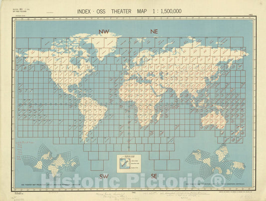 Map : World 1943, Index OSS theater map 1:1,500,000 , Antique Vintage Reproduction