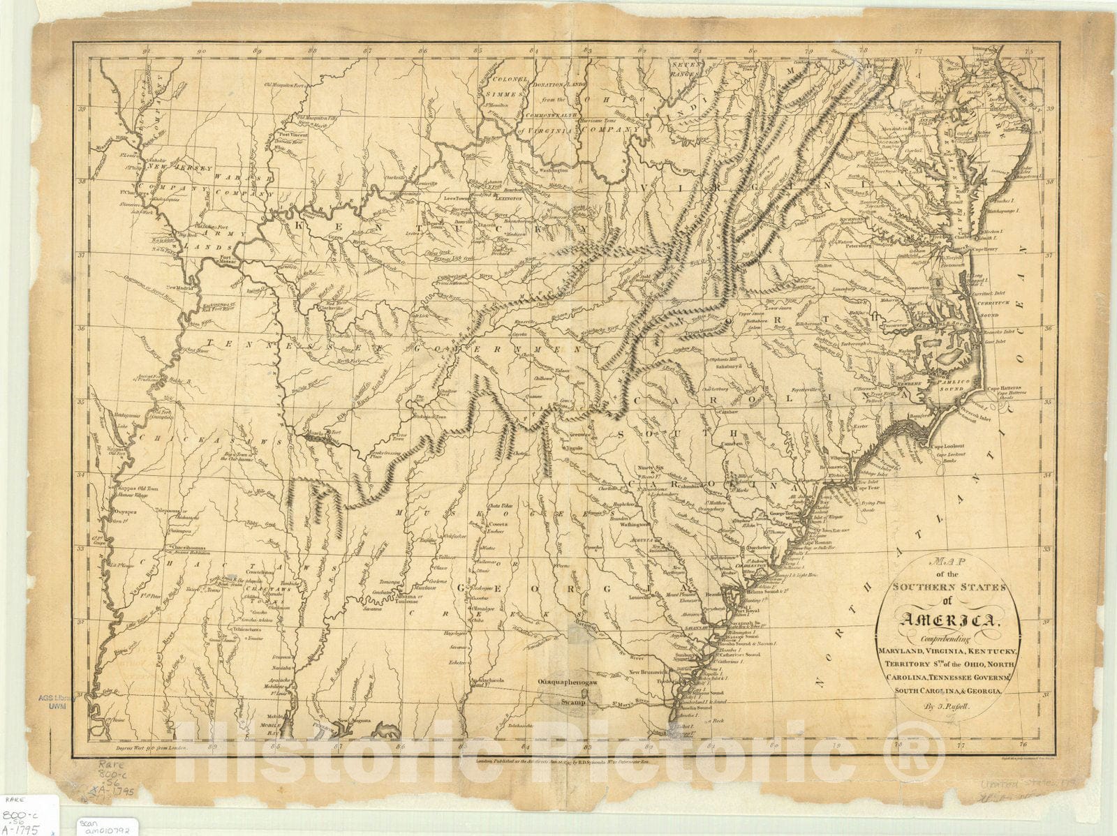 Map : Southern States of America 1795, Antique Vintage Reproduction