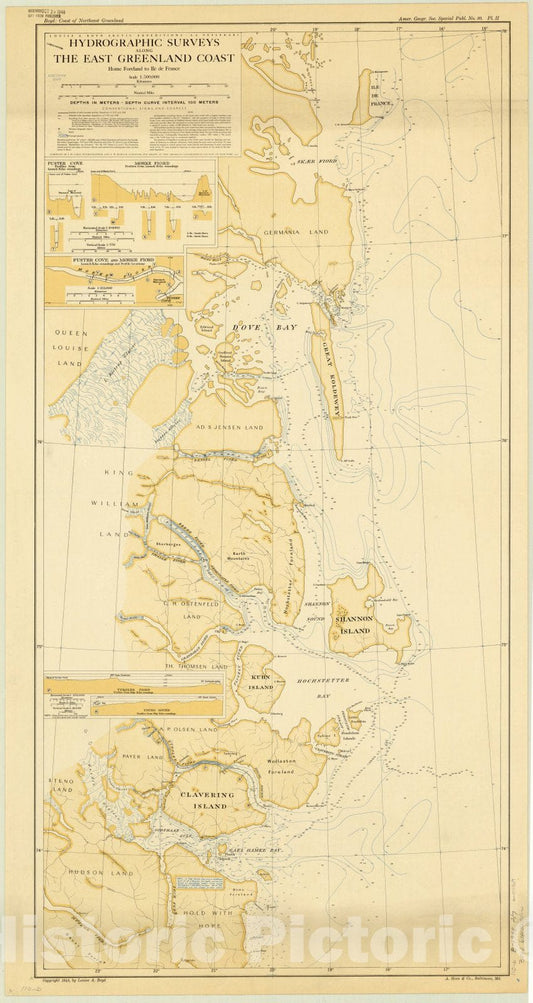 Map : East Greenland 1948, Louise A. Boyd Arctic expeditions - S.S. Veslekari hydrographic surveys along the East Greenland coast : Home Foreland to Ile de France