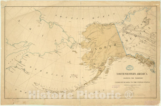 Map : Alaska 1867, North western America showing the territory ceded by Russia to the United States , Antique Vintage Reproduction