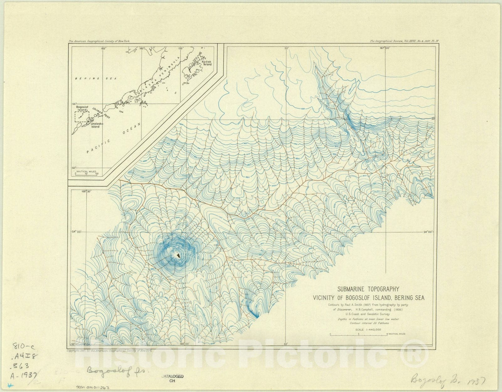 Map : Bering Sea 1937, Submarine topography : vicinity of Bogoslof Island, Bering Sea , Antique Vintage Reproduction