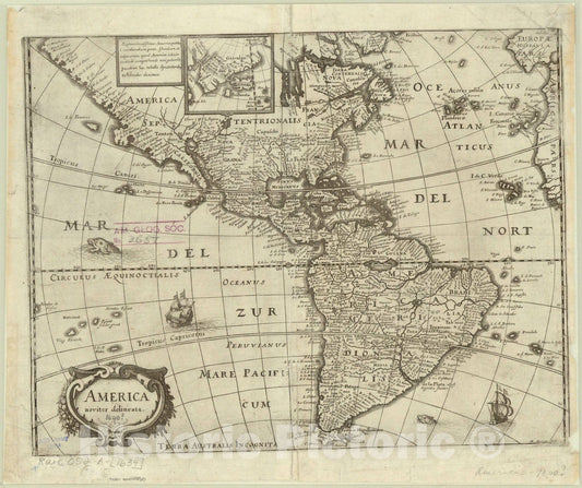 Map : Americas 1634, America, nouiter delineata, Antique Vintage Reproduction