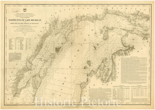 Map : Lake Survey Charts, North end of Lake Michigan including Green Bay and the straights of Mackinac, Antique Vintage Reproduction
