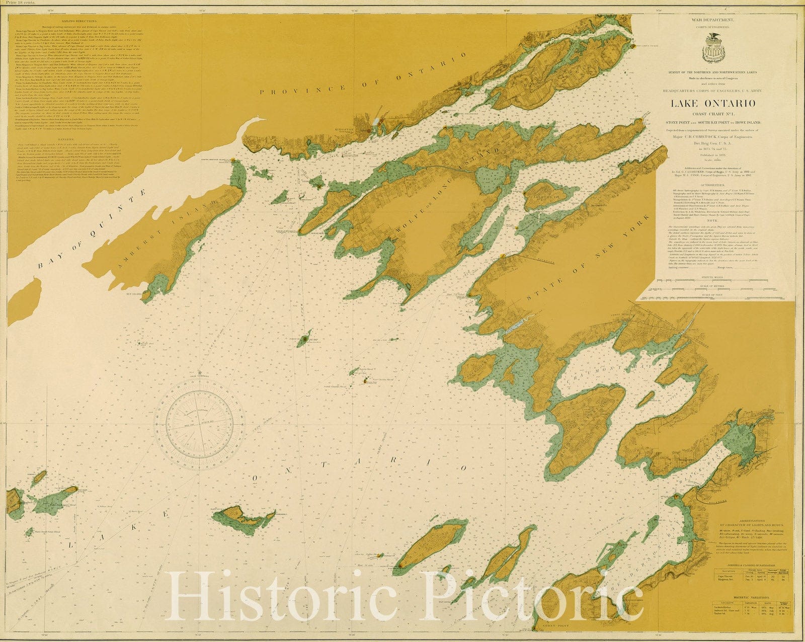 Map : Lake Survey Charts, Lake Ontario coast chart no. 1 Stony Point and South Bay Point to Howe Island, Antique Vintage Reproduction
