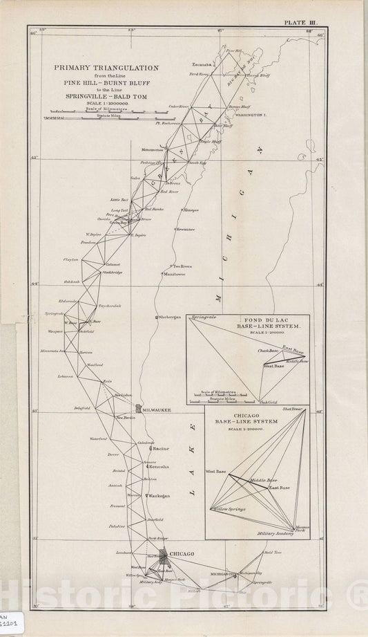 Map : Lake Survey Charts, Primary triangulation from the line Pine Hill - Burnt Bluff, to the line Springville - Bald Tom (Plate III), Antique Vintage Reproduction