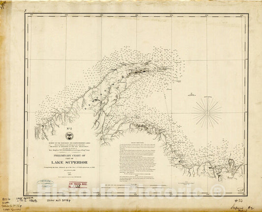 Map : Lake Survey Charts 4, Preliminary chart of part of Lake Superior, Antique Vintage Reproduction